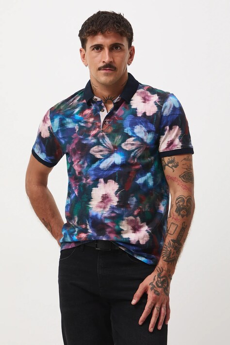 Polo bawełniane męskie z elastanem w kwiaty kolor multicolor RW25-POM502