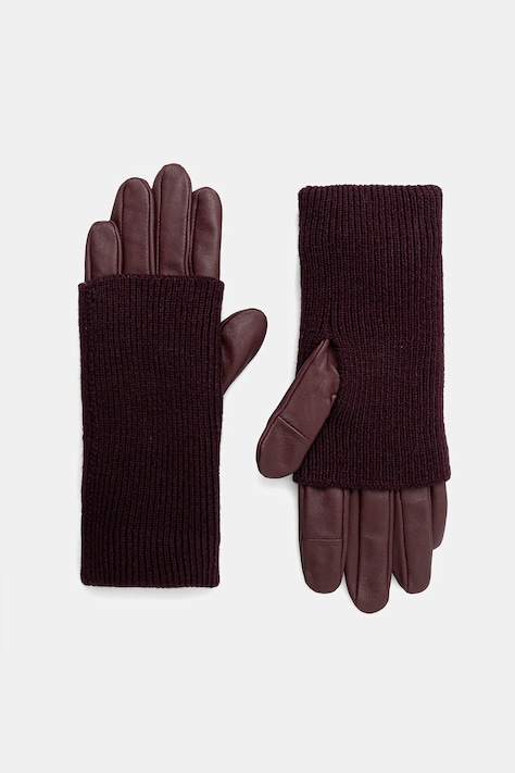 Rękawiczki skórzane damskie dwuwarstwowe z domieszką wełny kolor bordowy RW25-RED800
