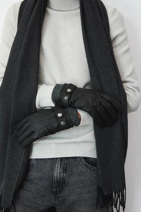 Rękawiczki skórzane męskie ze ściągaczem kolor czarny RW25-REM707