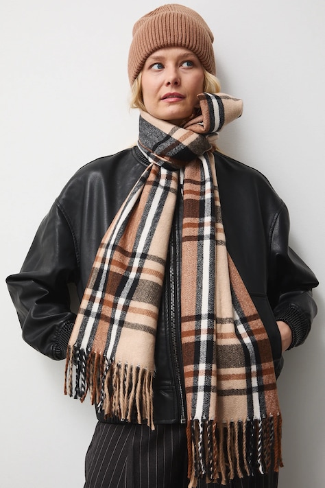 Šál károvaná s viskózou béžová farba RW25-SAD604