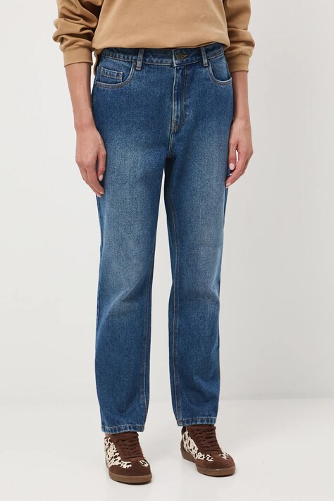 Jeansy bawełniane damskie mom fit z efektem sprania kolor niebieski RW25-SJD040