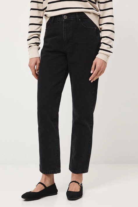 Jeansy bawełniane damskie mom fit z efektem sprania kolor czarny RW25-SJD041