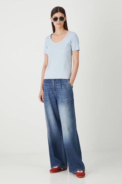 Jeansy bawełniane damskie wide leg z efektem sprania kolor niebieski RW25-SJD200