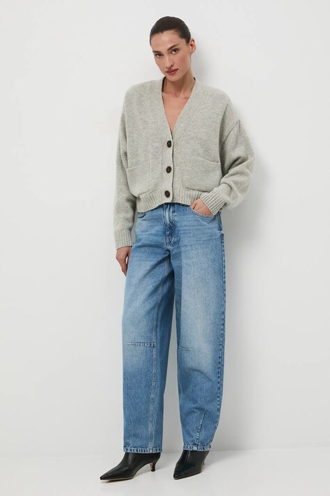 Jeansy bawełniane damskie slouchy z efektem sprania kolor niebieski RW25-SJD300