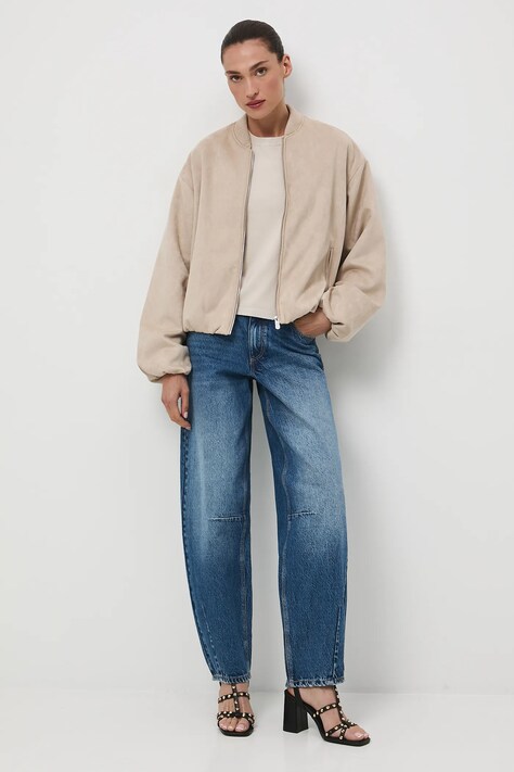 Jeansy bawełniane damskie slouchy z efektem sprania kolor niebieski RW25-SJD300