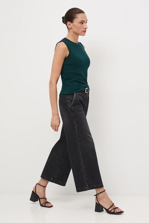 Jeansy bawełniane damskie wide leg z efektem sprania kolor czarny RW25-SJD409