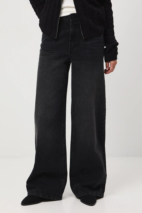 Jeansy bawełniane damskie wide leg z efektem sprania kolor czarny RW25-SJD509