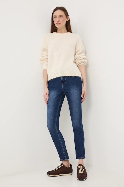 Jeansy damskie slim z efektem sprania kolor granatowy RW25-SJDB02