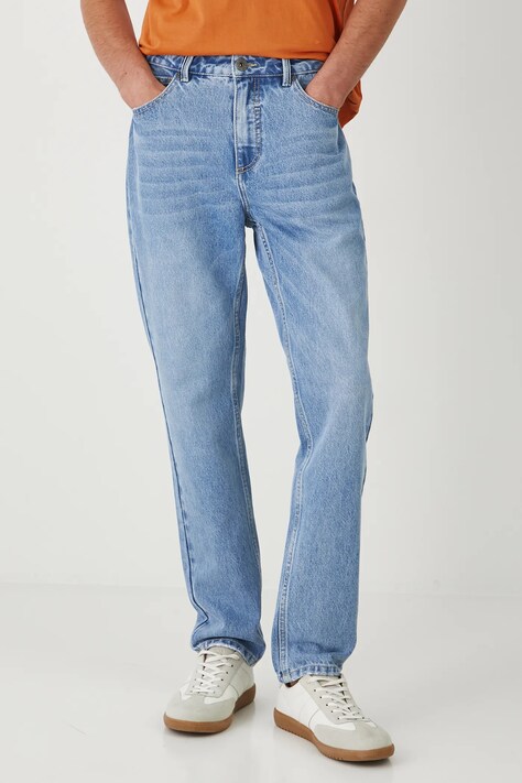 Jeansy bawełniane tapered z efektem sprania kolor niebieski RW25.SJM202