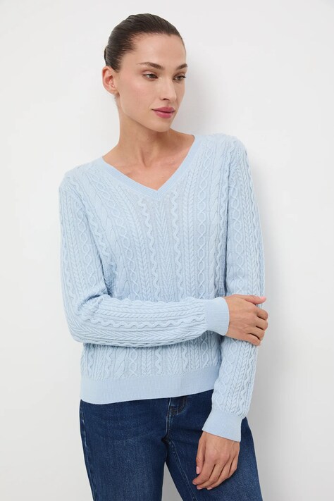 Sweter z wełny merino damski z warkoczowym splotem kolor niebieski RW25-SWD813