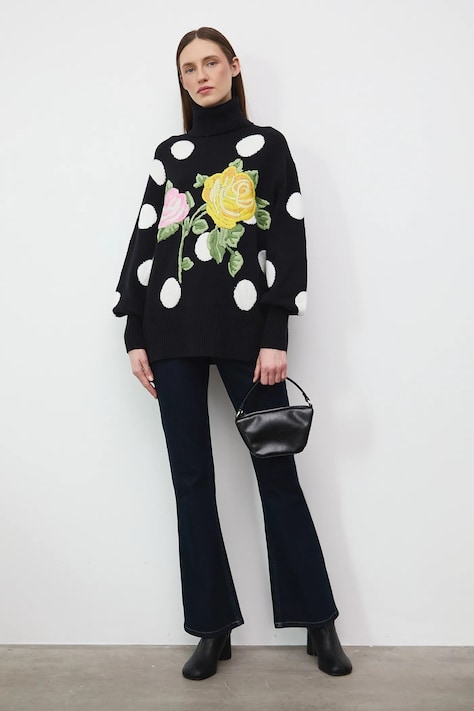 Svetr z vlněné směsi dámský žakárový vzor černá barva RW25-SWDB14