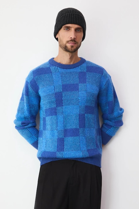 Sweter z domieszką wełny męski wzorzysty kolor niebieski RW25-SWM904