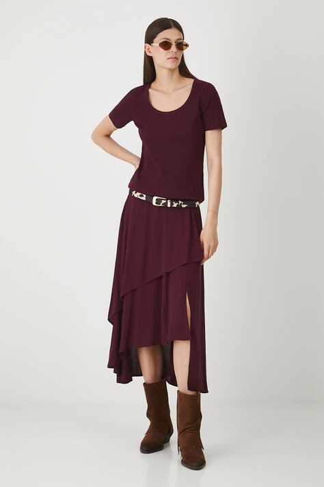 T-shirt bawełniany damski z elastanem prążkowany kolor bordowy RW25-TSD020