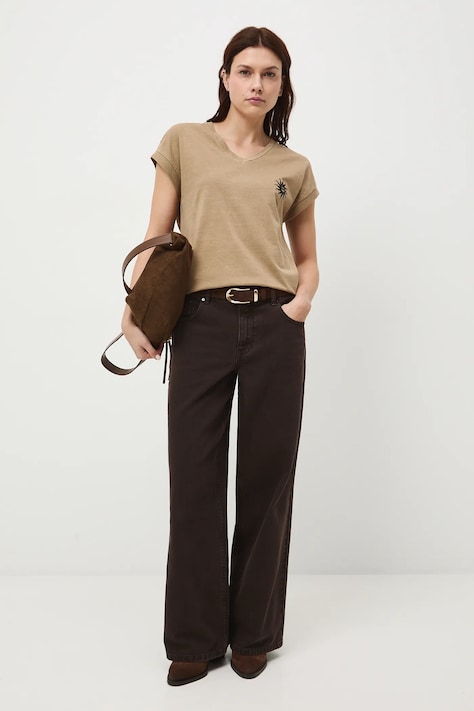 T-shirt bawełniany damski z nadrukiem i haftem kolor beżowy RW25-TSD100