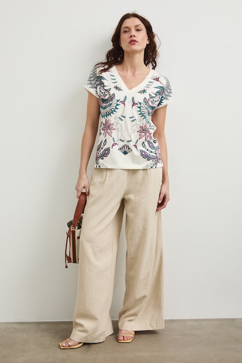 Bavlnené tričko dámske s výstrihom na chrbte béžová farba RW25.TSD103