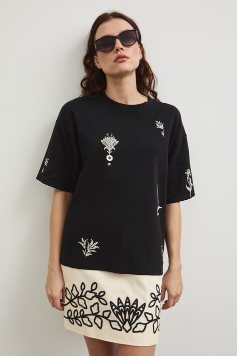 T-shirt bawełniany damski z elastanem interlock kolor czarny RW25-TSD106