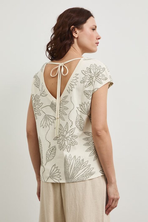 Bavlněné tričko dámské s výstřihem na zádech béžová barva RW25-TSD109