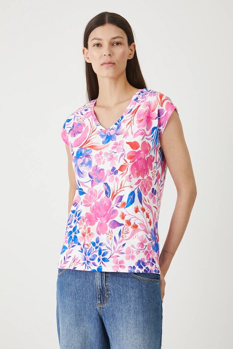 T-shirt bawełniany damski w kwiaty kolor biały RW25.TSD202