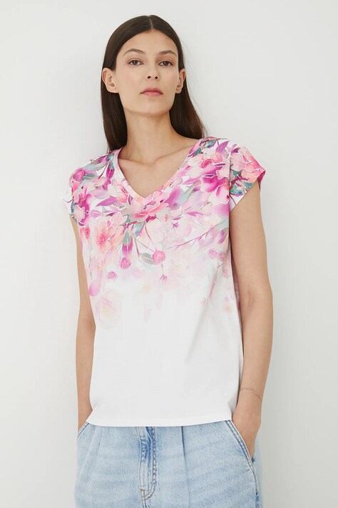 T-shirt bawełniany damski w kwiaty kolor biały RW25.TSD202