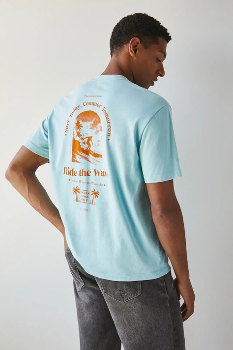 T-shirt bawełniany męski z nadrukiem i aplikacją kolor turkusowy RW25-TSM205