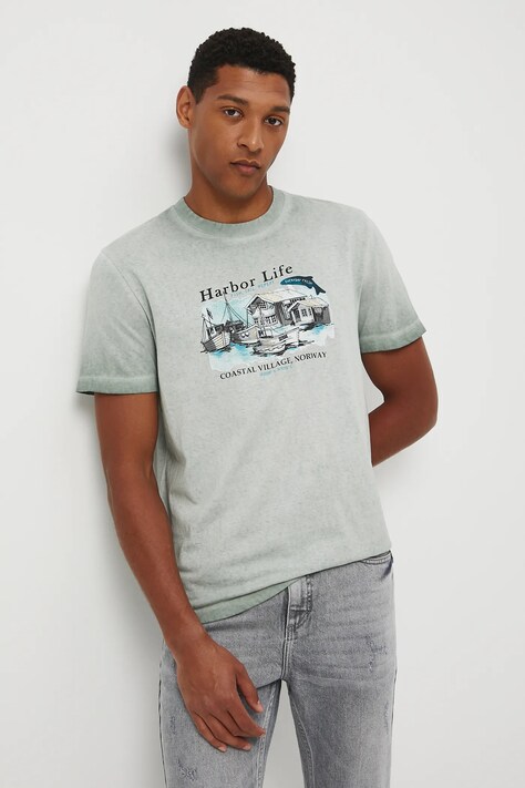 T-shirt bawełniany męski z efektem sprania kolor turkusowy RW25-TSM209