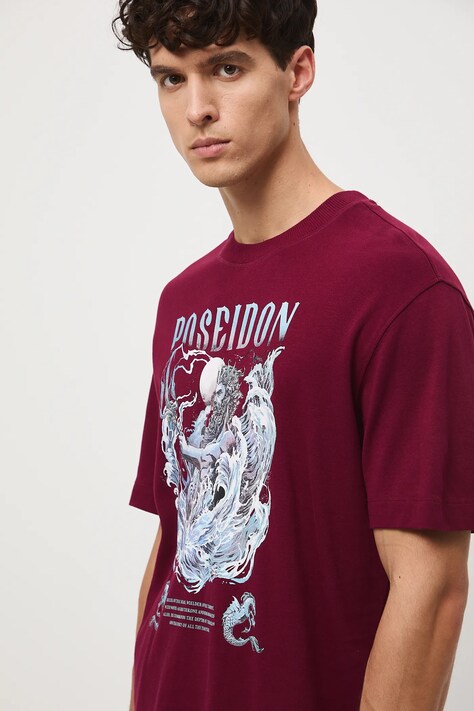 T-shirt bawełniany męski interlock z nadrukiem kolor bordowy RW25-TSM302