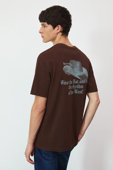 T-shirt bawełniany męski z nadrukiem kolor brązowy RW25-TSM403