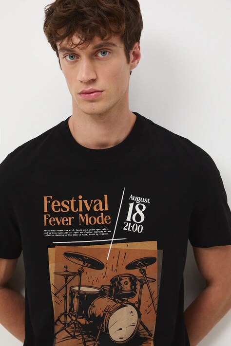 T-shirt bawełniany męski z nadrukiem kolor czarny RW25-TSM608