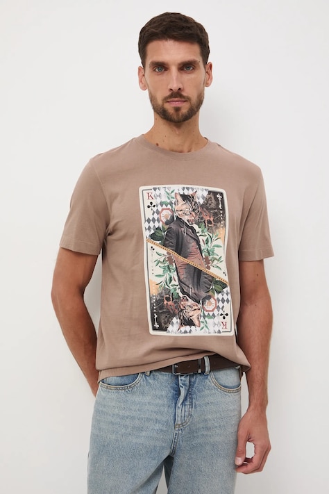 T-shirt bawełniany męski z nadrukami kolor brązowy RW25-TSM905