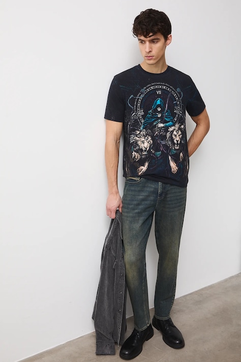 Bavlnené tričko pánske s elastanom vzorovaný čierna farba RW25-TSMC13