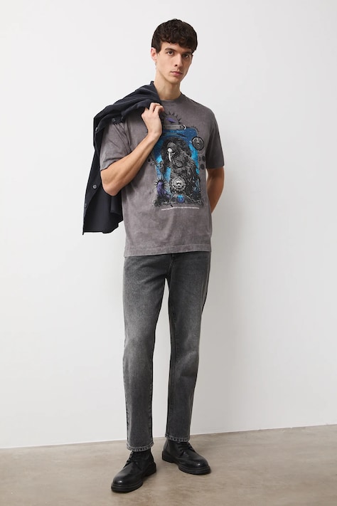 Bavlněné tričko pánské s potisky šedá barva RW25-TSMC14