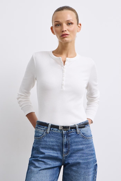 Longsleeve damski bawełniany z elastanem w prążki beżowy RW26-BUD053