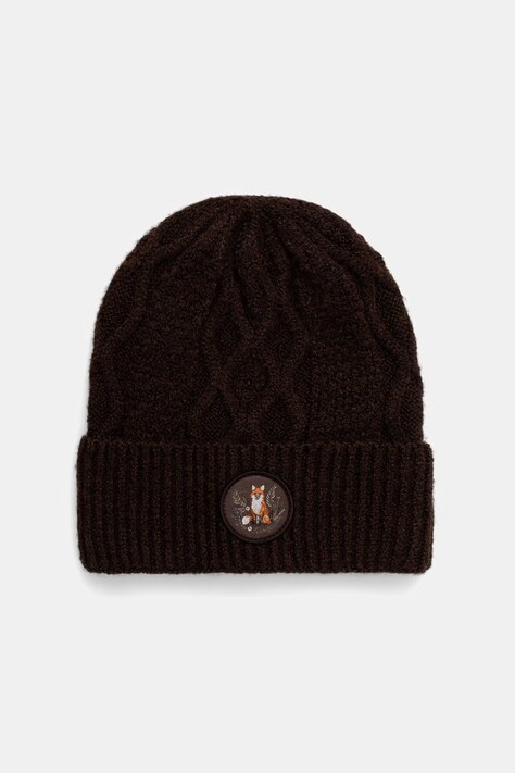 Czapka beanie damska z aplikacją brązowa RW26-CDD806