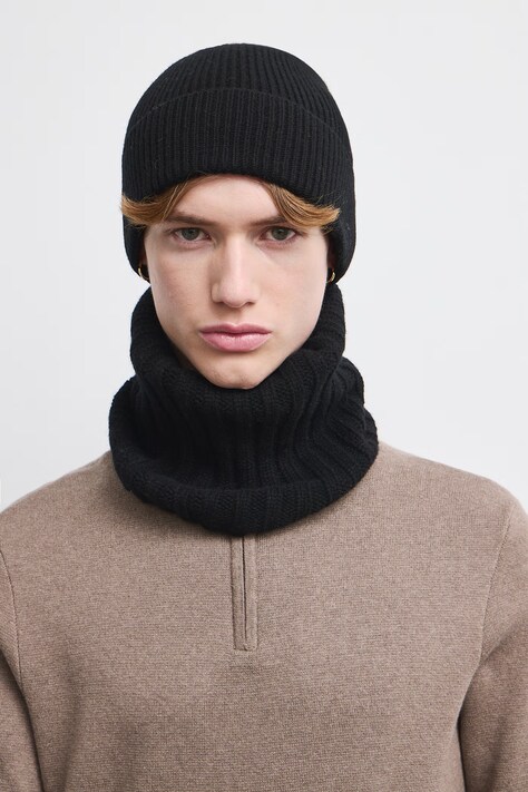 Czapka beanie męska z wełny merino czarna RW26-CDM701