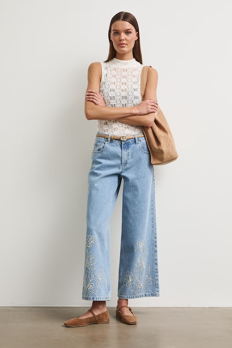 Jeansy wide leg damskie z haftami niebieskie RW26-SJD202