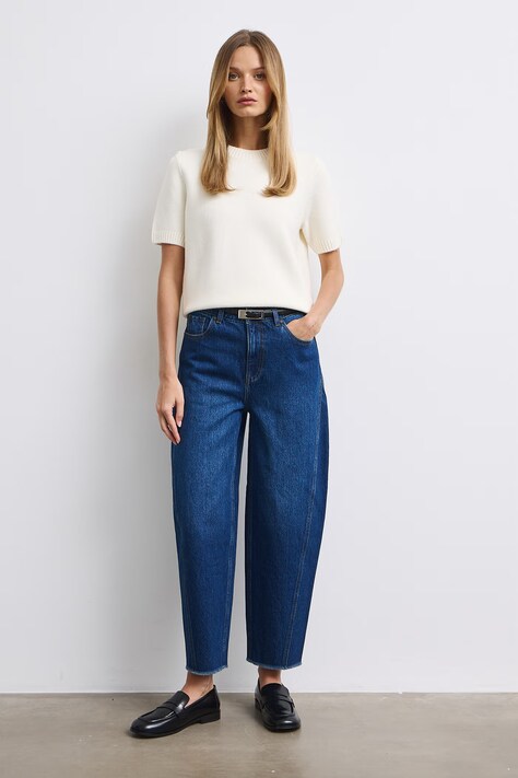 Jeansy slouchy damskie z efektem sprania granatowe RW26-SJD505