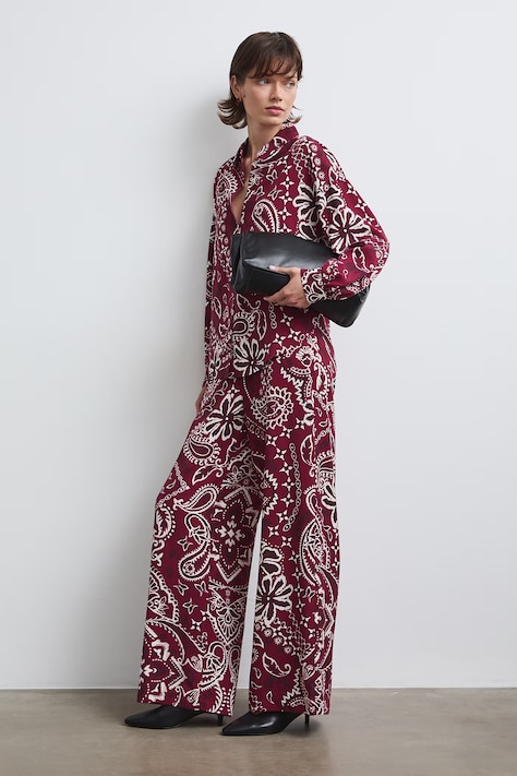 Spodnie wide leg damskie z lyocellu paisley bordowe RW26-SPD303