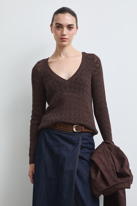 Sweter damski bawełniany ażurowy brązowy RW26-SWD031