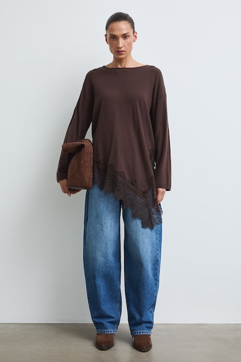 Sweter damski z wiskozą z koronką brązowy RW26-SWD310