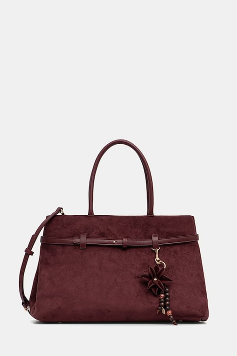 Torebka shopper damska z imitacji zamszu z brelokiem bordowa RW26-TOD407