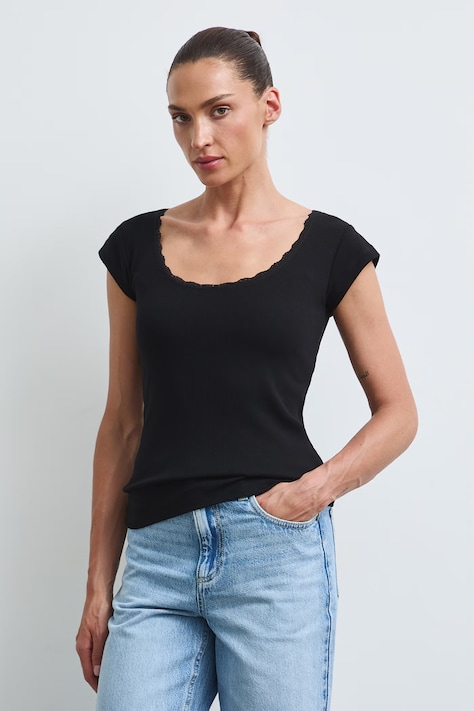 T-shirt damski z koronkowymi wstawkami czarny RW26-TSD033