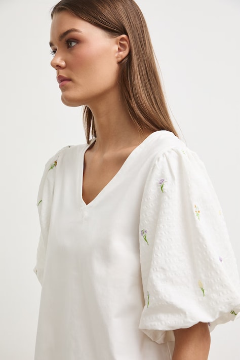 T-shirt damski bawełniany z haftami beżowy RW26-TSD206