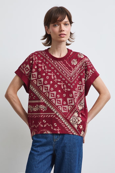 T-shirt damski bawełniany ze wzorem paisley bordowy RW26-TSD302