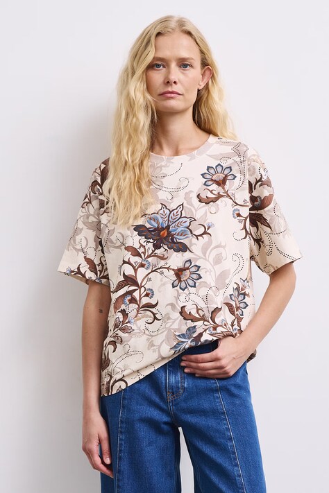 T-shirt damski w kwiaty beżowy RW26-TSD606