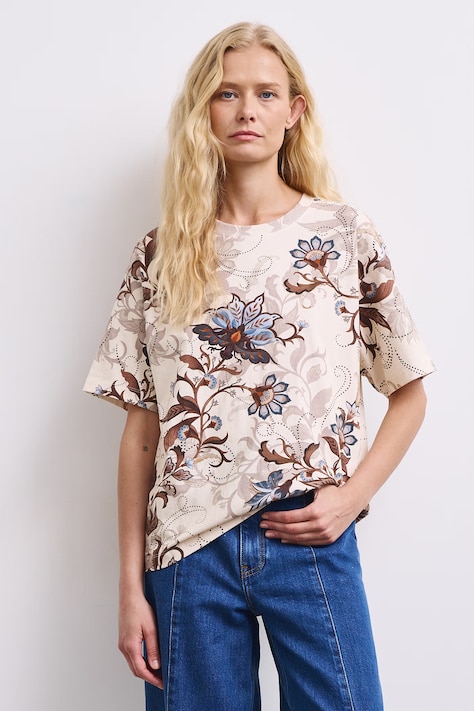 T-shirt damski w kwiaty beżowy RW26-TSD606