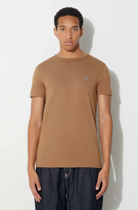 Βαμβακερό μπλουζάκι Lacoste ανδρικά, χρώμα καφέ TH6709-001.