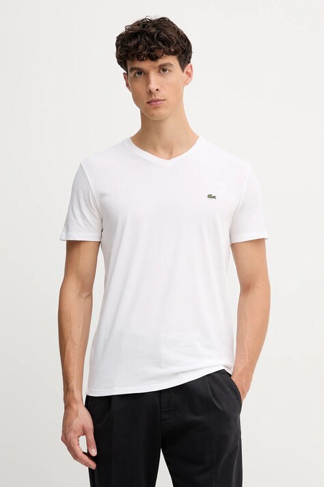 Lacoste tricou din bumbac barbati, culoarea alb, neted, TH6710