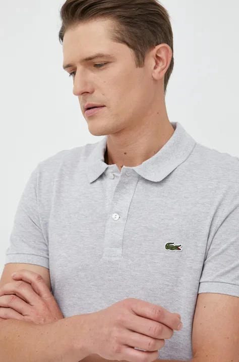 Памучна тениска с яка Lacoste в сиво с изчистен дизайн