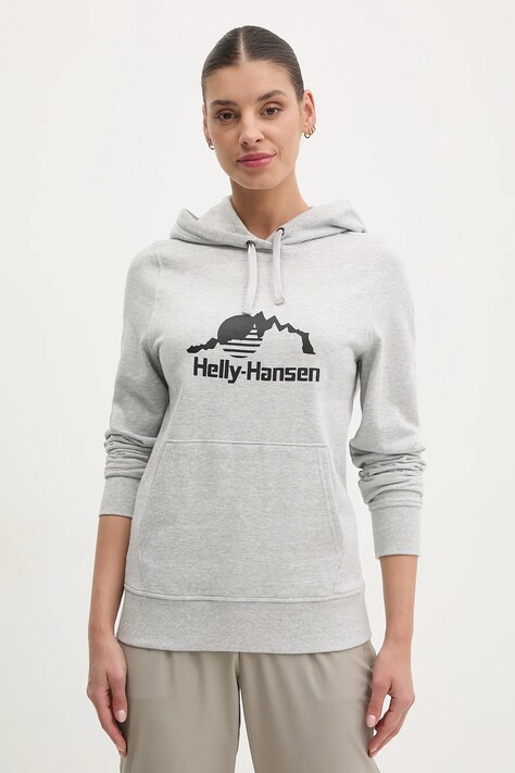 Mikina Helly Hansen NORD GRAPHIC dámska, šedá farba, s kapucňou, s potlačou, 62981