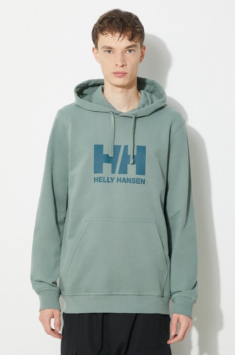Хлопковая кофта Helly Hansen мужская цвет зелёный с капюшоном с аппликацией